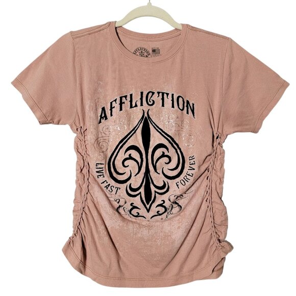 Affliction Womens Alchemy Foiled Velvet Graphic Spellout Braided Sides Shirt Med - Picture 1 of 11